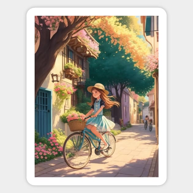 A cute girl explores a lively street on her bicycle. Sticker by MeriemBz